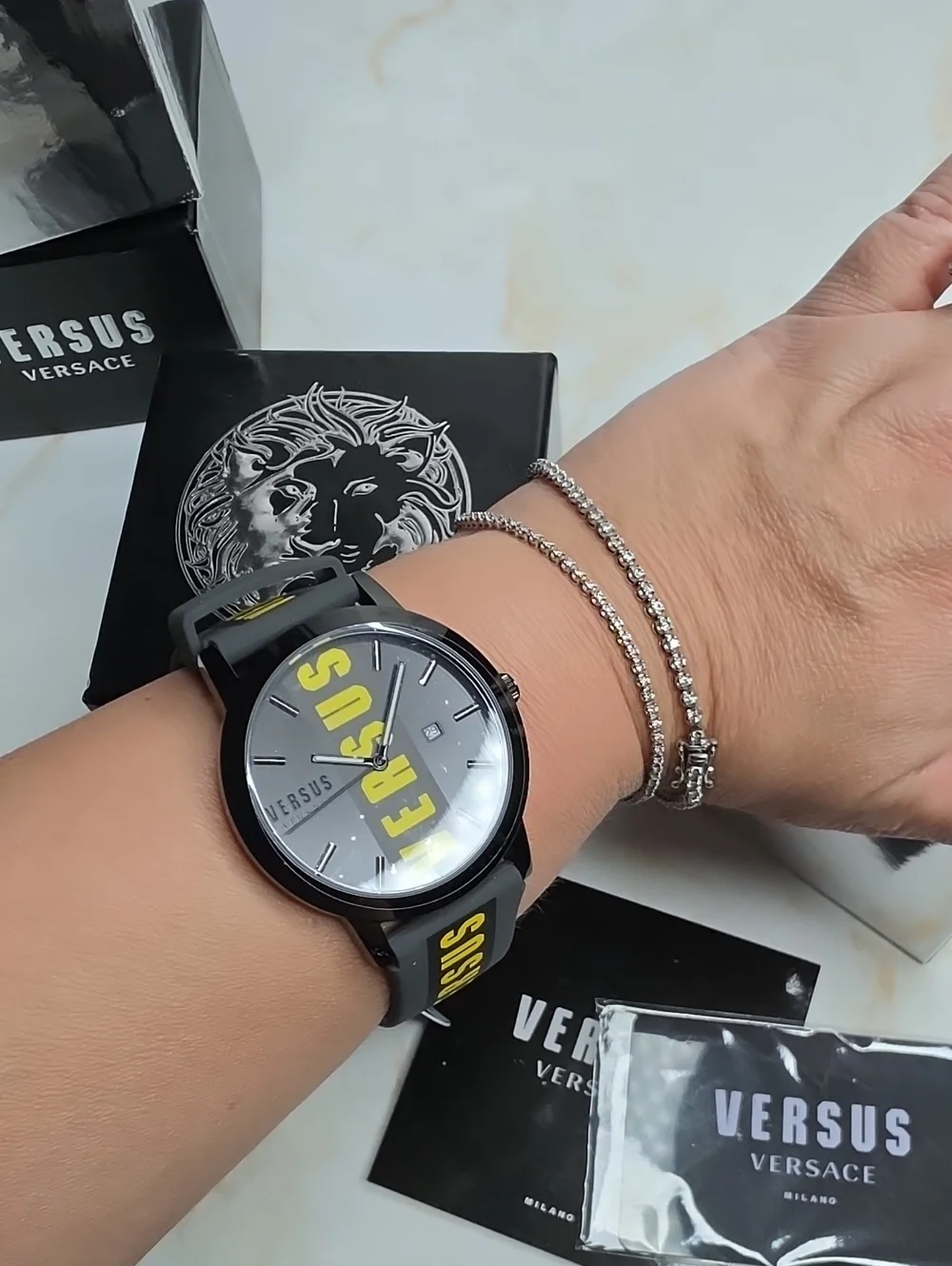 Versace versus barbes watch yellow and grey rubber with metal  New In Box